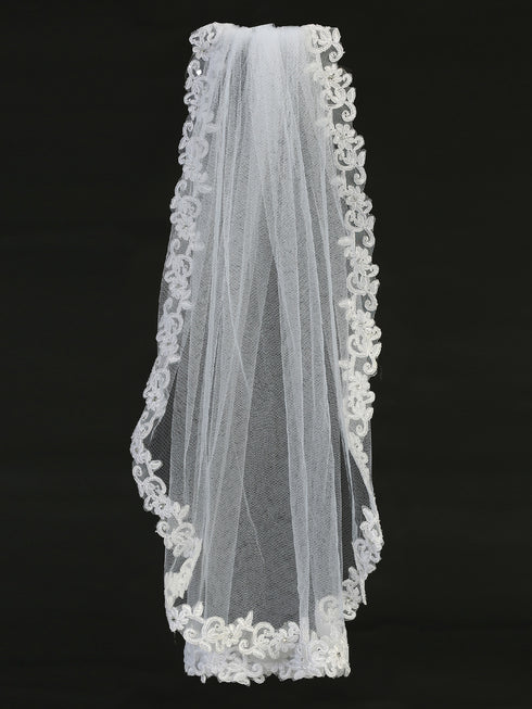 Lito Girls White 24 Inch Corded Lace Trim Comb Communion Veil - SophiasStyle.com